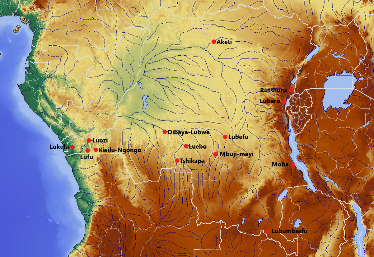 Carte Riviere Rdc Les villes et cours d'eau